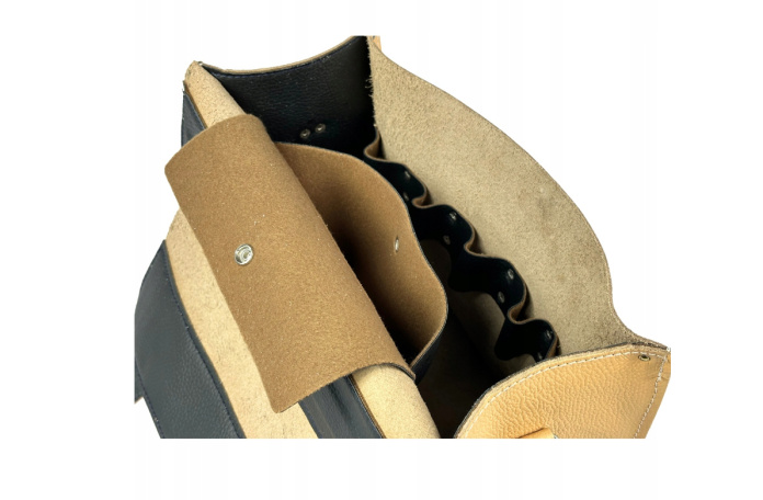Czarna skórzana torba narzędziowa z regulowanym paskiem - idealna dla elektryków i hydraulików